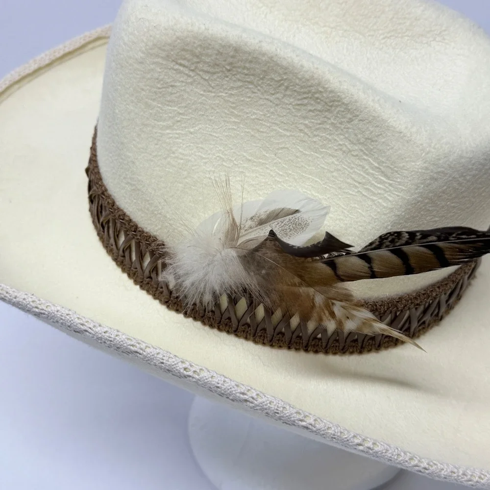 Cream Felt Western Cowboy Hat Feather Accent Lace Trim Brim Festival Boho Ivory